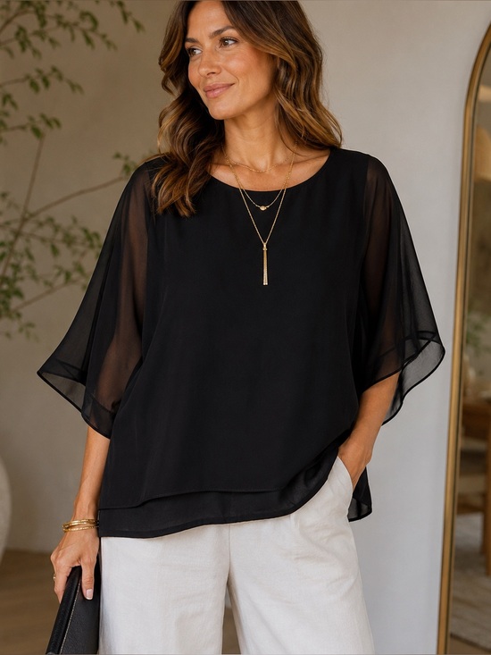 NVELOP Tops - NVELOP Women XL Black Chiffon Overlay Layered Blouse Batwing Dolman Top Made USA
